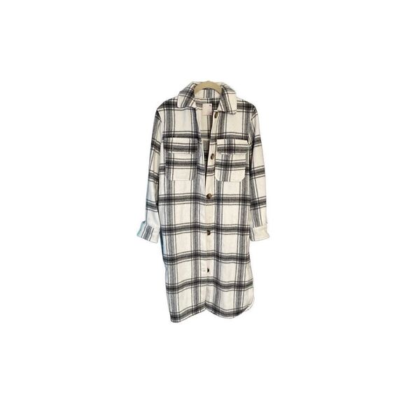 So midi length, black and white plaid shirt, jacket, size extra small - Picture 3 of 8